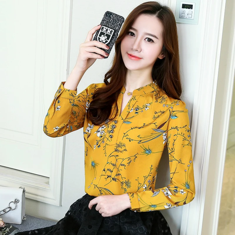 Женская шифоновая блузка с длинным рукавом и V-образным вырезом | одежда