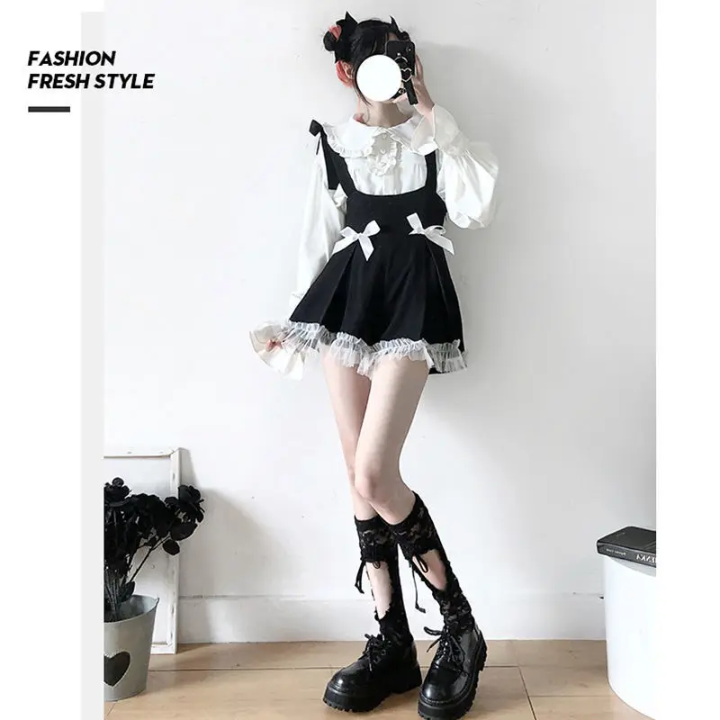 

Hstar Japanese Retro Lolita Kawali Jumpsiut Sweet Hepburn Bow Vintage Cosplay Pretty Party Cute Club Sexy Mini Black Rompers