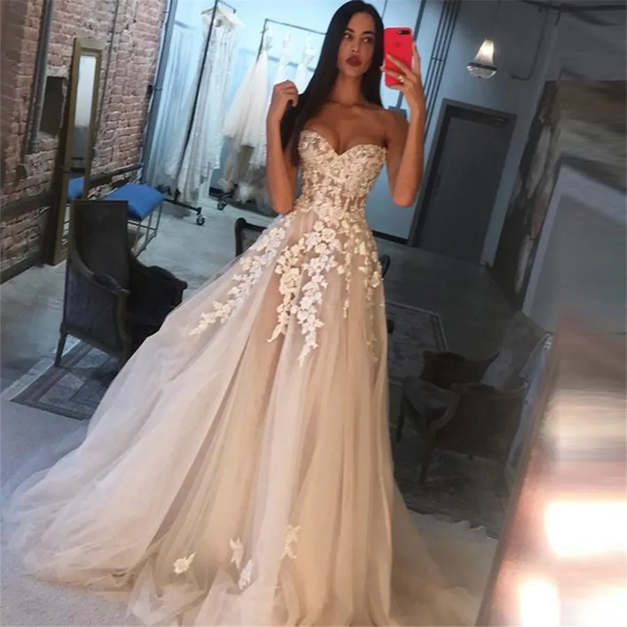 

E JUE SHUNG Ivory Sweetheart Neck Wedding Dresses 2020 Lace Up Back Lace Applique Tull A Line Bridal Gowns robe de soiree