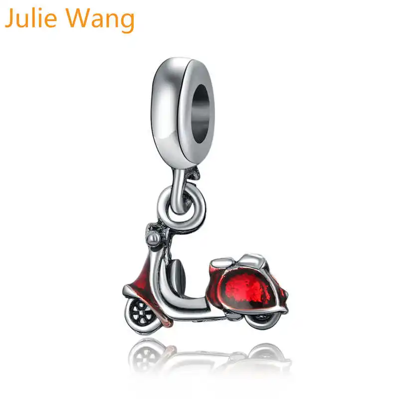 Julie Wang 5PCS Enamel Red Motorcycle Bead Charms Silver Color Zinc Alloy Bracelet Necklace Jewelry Making Accessory | Украшения и