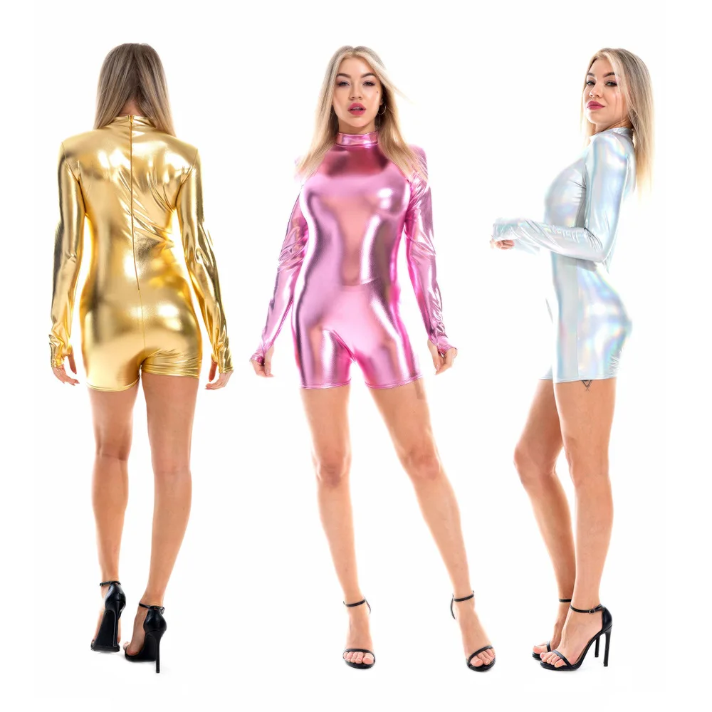 

Wet Look Shiny PU Leather Playsuit Plus Size Long Sleeve Tights Bodysuit Sexy Combinaison Femme Ropa Mono Clubwear Jumpsuit Body