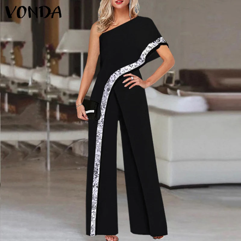 Summer Overalls Women Vintage Printed Jumpsuits 2022 VONDA Office Lady's Wide Leg Pants Trousers Short Sleeve Playsuits 