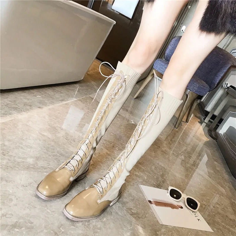 Murah Mode Musim Dingin Wanita Renda Sepatu Bot Setinggi Lutut Seksi Strechy Patchwork Sepatu Square Toe Blok Tumit Rendah Pengendara Sepeda Motor Naik Knight Sepatu Bot