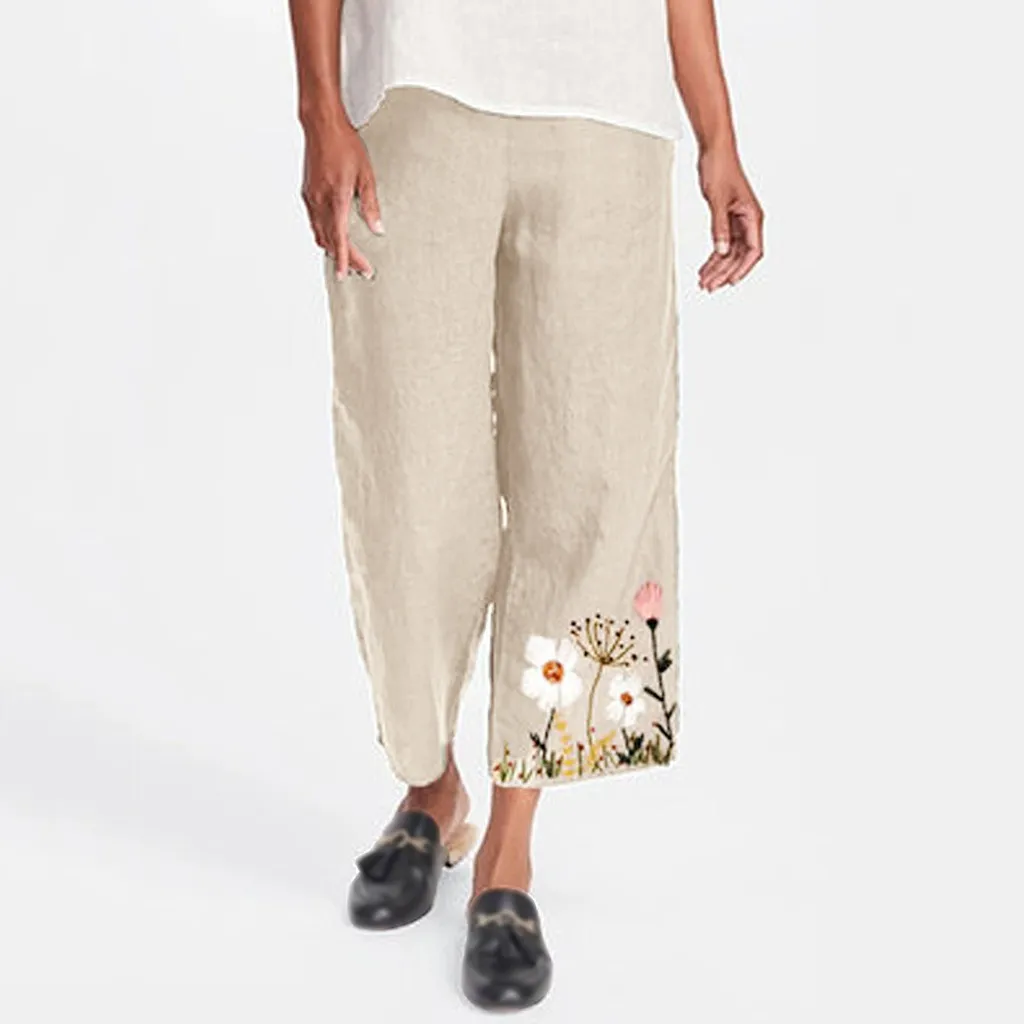 

Дейзи Printl, женские штаны-шаровары, летние, с эластичной резинкой на талии, брюки с широкими штанинами размера плюс 5xl из хлопка и льна укороче...
