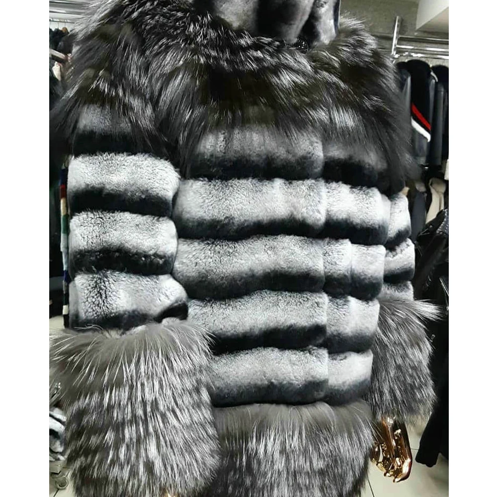 Women Natural Rex Rabbit Fur Coat Stand Collar Fashion Winter New Genuine Rex Rabbit Fur Jacket with Silver Fox Fur Bottoms Coat