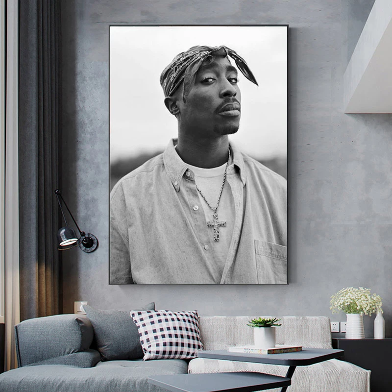 Черно-белая индивидуальная роспись рэпера Тупака на холсте настенный плакат для