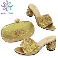 pretty women shoes and bag set for wedding dress decorate with rhinestone african ladies sandals in golden color for party