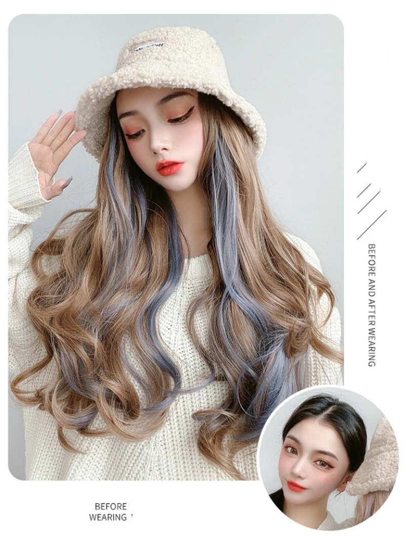 Женская шерстяная шляпа парик из длинных волос интегрированная синяя с длинными