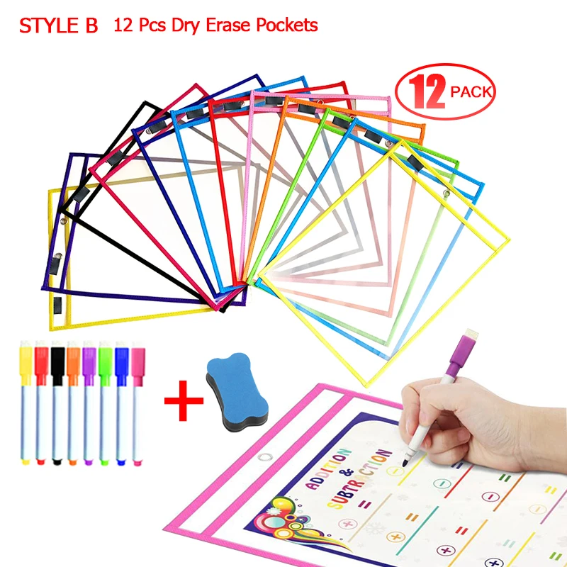 12Pcs Dry Erase Pockets Write and Wipe File Kids Transparent Dry Wipe The File Bag Whiteboard Drawing Teaching School Supplies