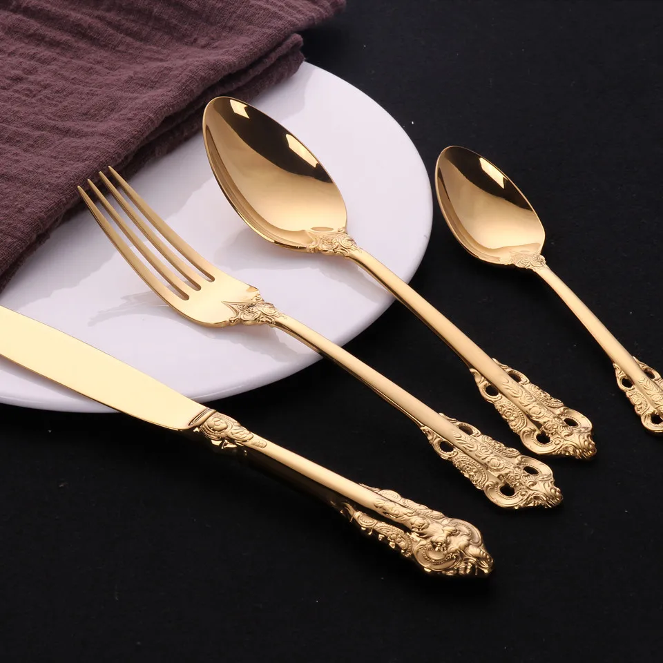 Золото Серебро столовая посуда набор столовых приборов вилки ножи ложки дворец