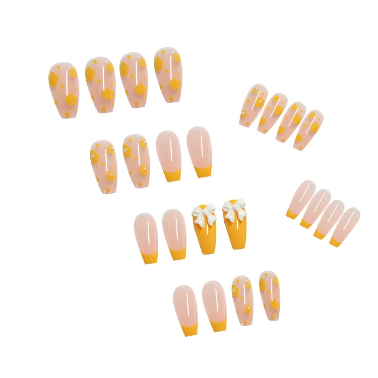 

24pcs Fake Nails With Glue Yellow Butterfly Wear Long Paragraph Fashion Manicure Patch False Nails Wearable Nail Press On DL