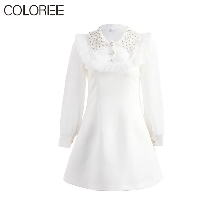 

Luxury Pearls Diamonds Beading Turn-down Collar Long Sleeve Woman Dress 2020 Spring Autumn White Mini Dresses For Women