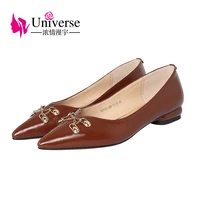 universe m021 new arrival 2021 pointed toe hardware chain solid genuine cow leather women ladies pumps soft brown low heel shoes