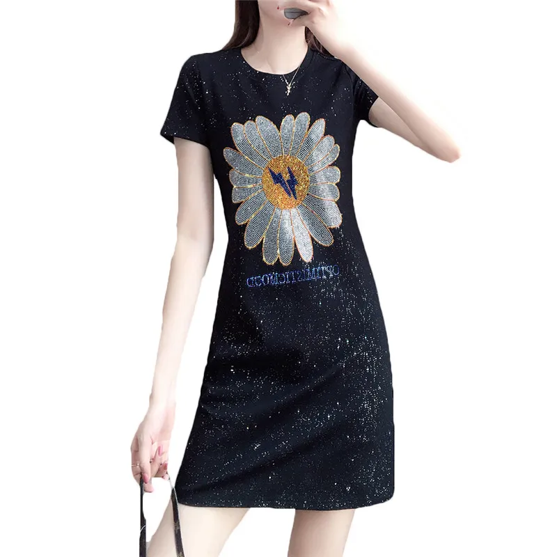 

Повседневная одежда размера плюс для женщин 2021 новые летние бриллиантами Sdaisy платье с коротким рукавом средней длины приталенных дамских п...