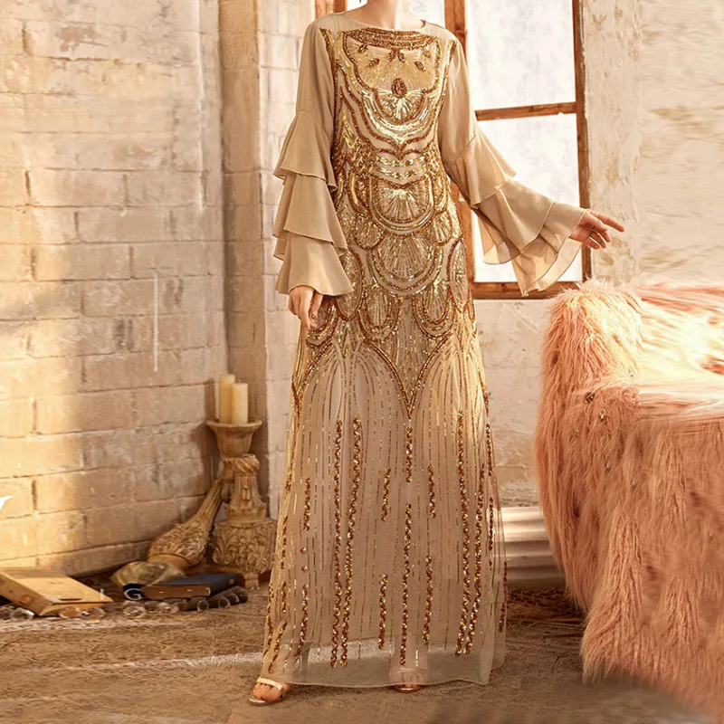 

Golden Layered Ruffle Sleeve Abaya Dress Arab Turkey Oman Morocco Dubai High Quality Luxury Sequin Embroidery Maxi Long Dress