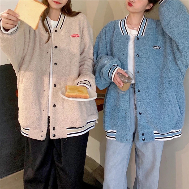 

2 Colors New Autumn Harajuku Casual Women Jacket Striped Lamb Wool Cardigan Female Oversized Thick Coat Mujer