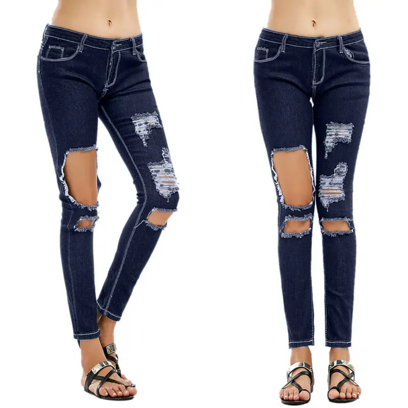 

Womens Ladies Hole Denim Slim Stretch Long Pants Ripped Jeans Skinny Trousers UK