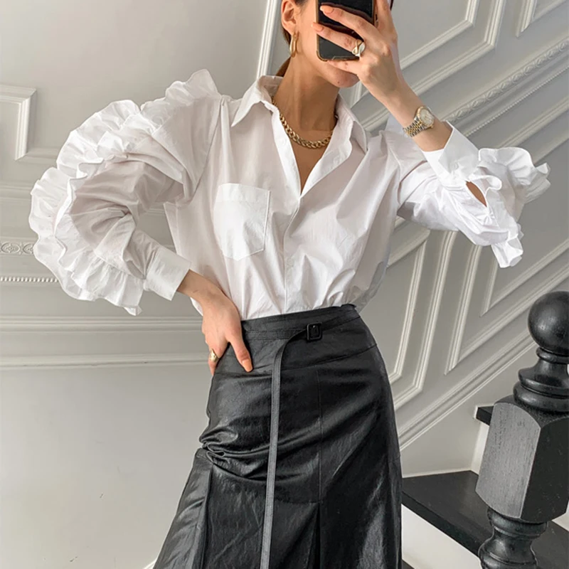 

Button Up White Shirt Tops Fashion Women Petal Sleeve Pleated Chic Solid Casual Blouses Woman Plus Size Ladies Blouse Tops 13561