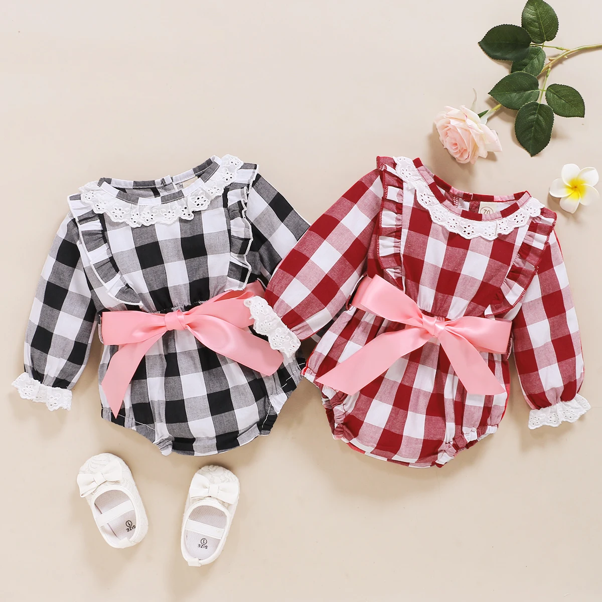 

BY Baby Girl Bodysuit Jumpsuit Fall Round Collar Crotch Buttons Plaid Printed Long Sleeve Clothes New Born Clothes Baby Costumes