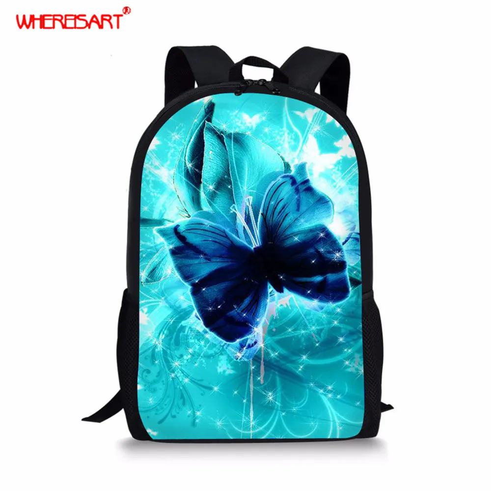 

WHEREISART Student Primary School Shoulder Bag Blue Butterfly School Bag for Teen Girls Kid Children Orthopedics School Packback