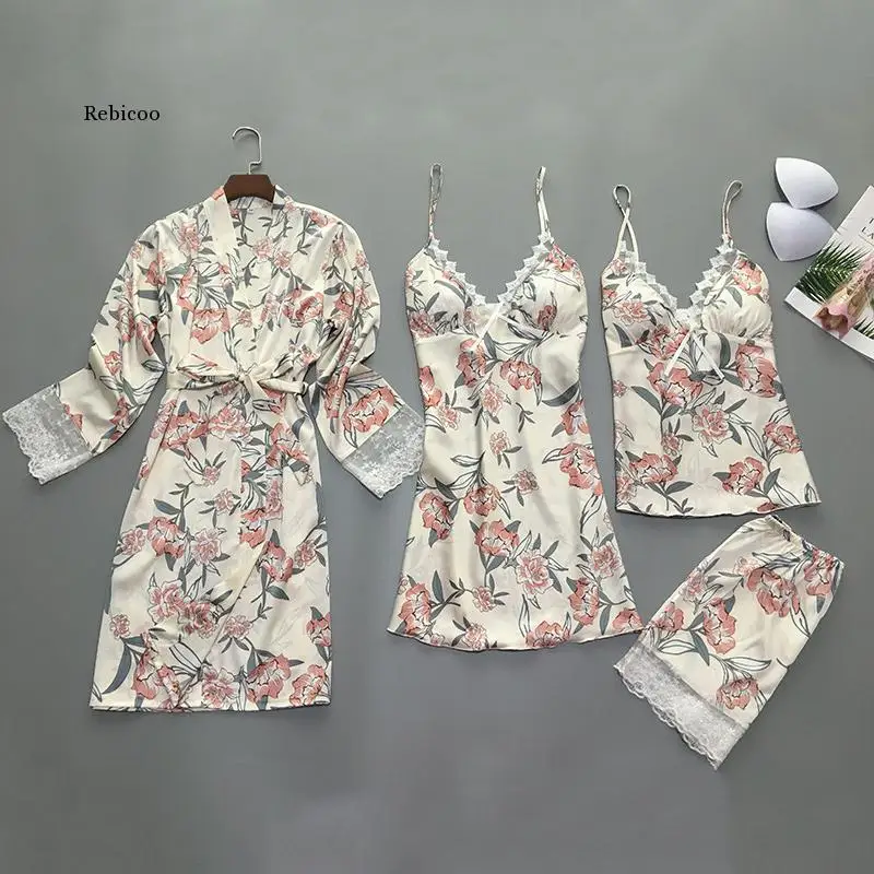 

4 Pieces/set Women Pajamas Sets Satin Lace Sexy Pijama Pyjama Mujer Pyjamas For Women Silk Flower Print Sleepwear
