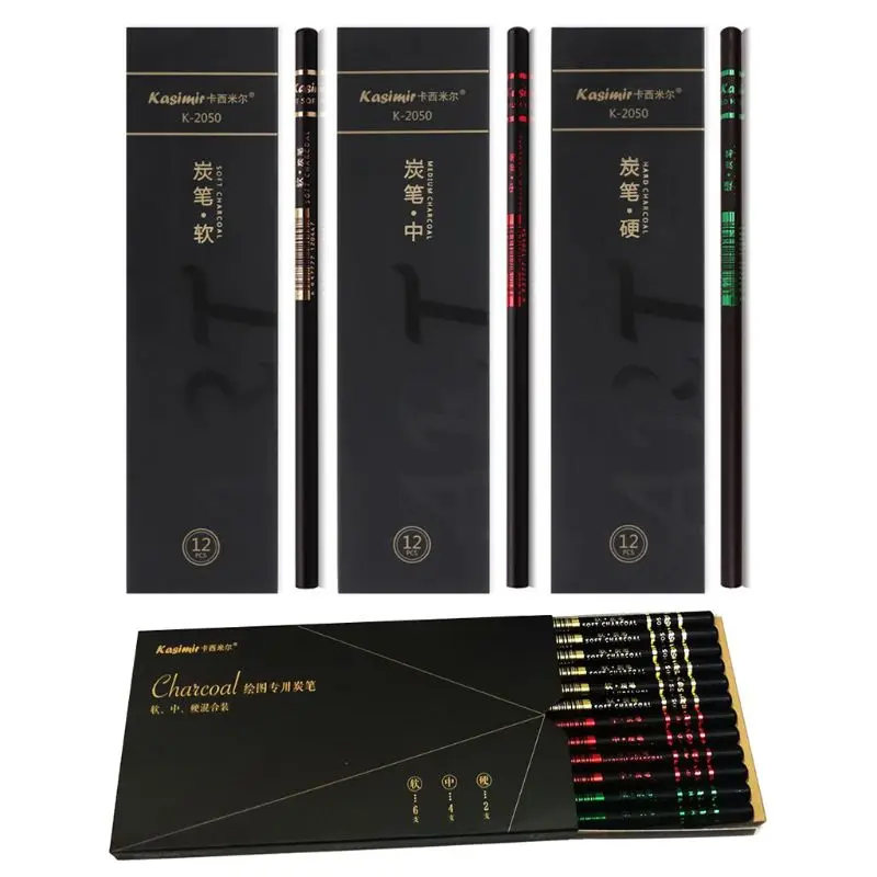 

12pcs Soft Medium Hard Black Sketch Charcoal Pencil for Sketching Drawing Paint