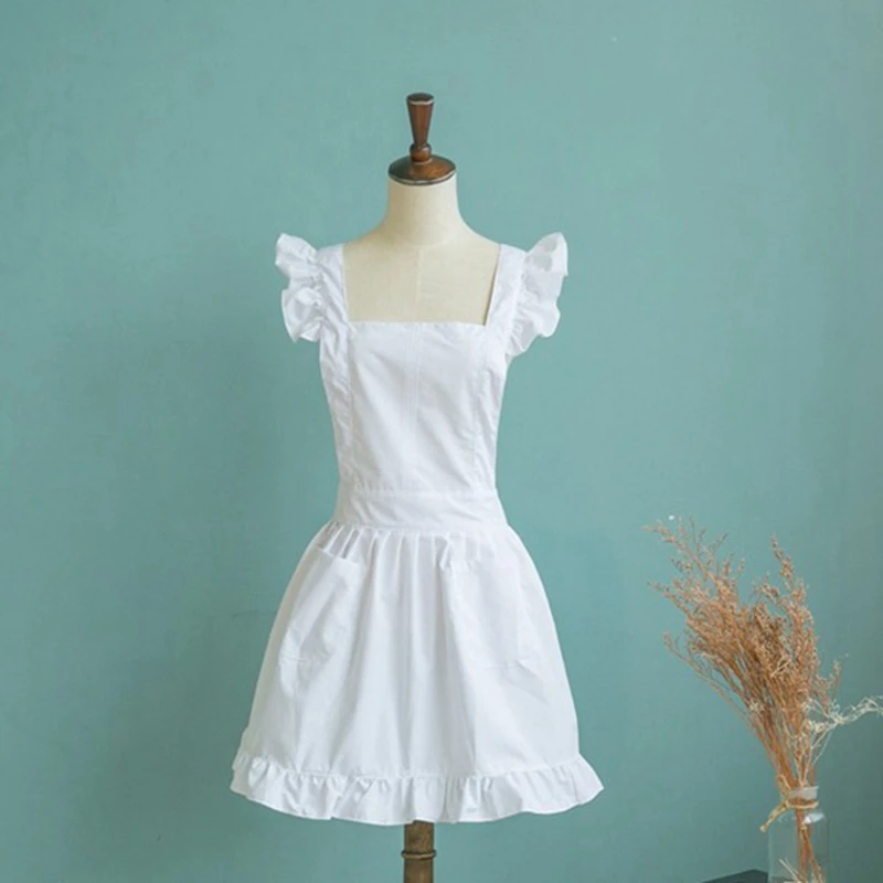 

NEW-Retro Adjustable Ruffle Apron with Pockets, Maid Apron Beauty Manicure Apron,Fashion Cotton Princess Apron