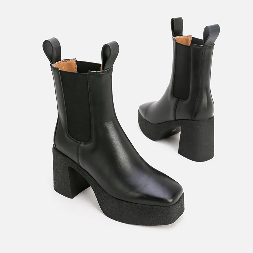 MUMANI Chelsea Boots New 2022 Woman‘s High Heels British Genuine Leather Lady Shoes Square Toe Platform Slip-On ANKLE Boots