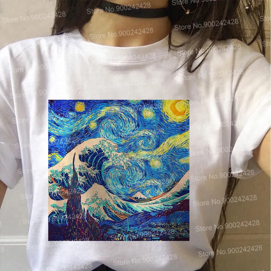 

Vaporwave Aesthetic Great Wave t shirt women Van Gogh The Starry Night art Oil Painting Graphic T-Shirt Dragon Sushi Ramen Tops