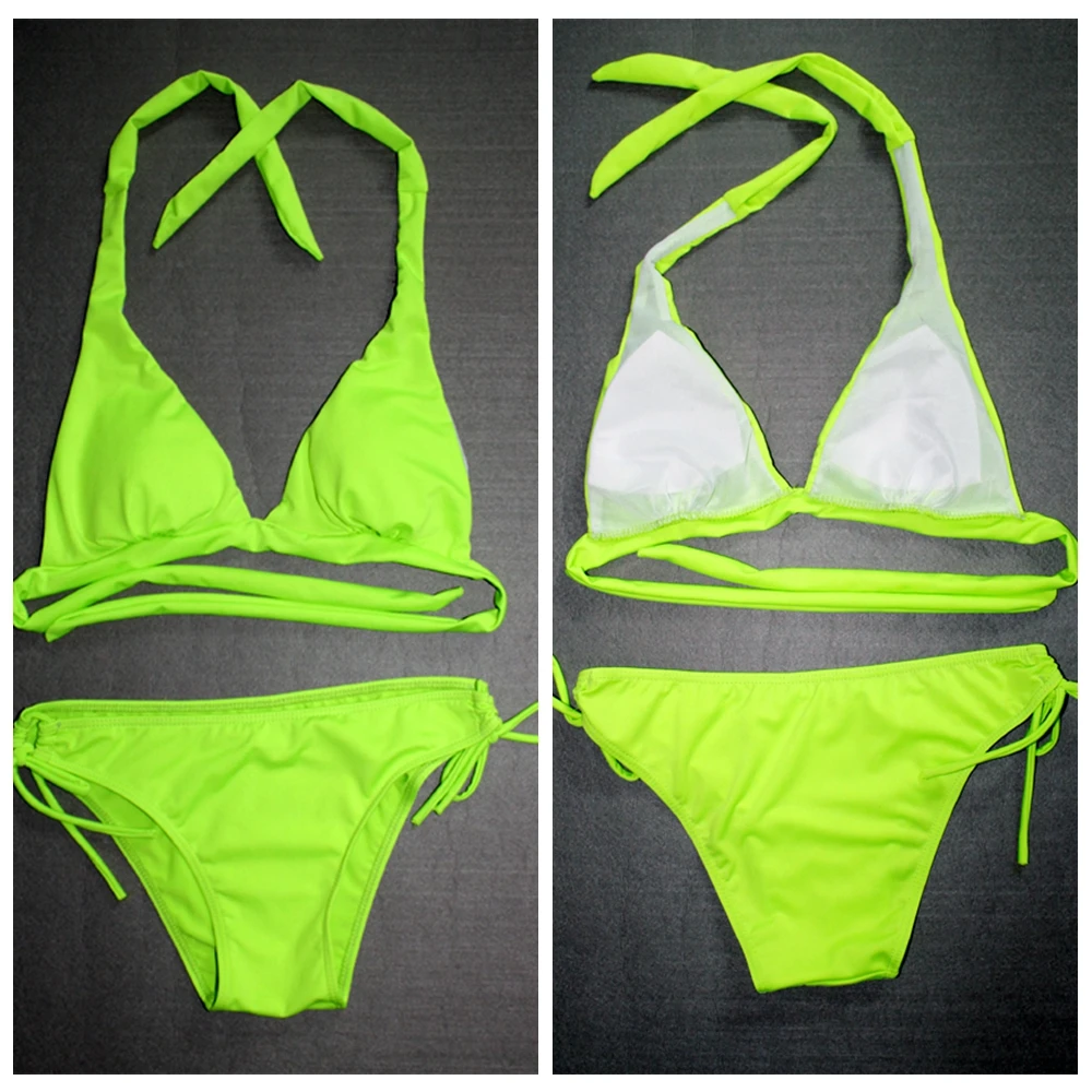 

Hot Wholesale Victoria Style Swimming Suits Removable Padding Beachwear Plunge Halter Bandage Strappy Bikini Set Dropshipping
