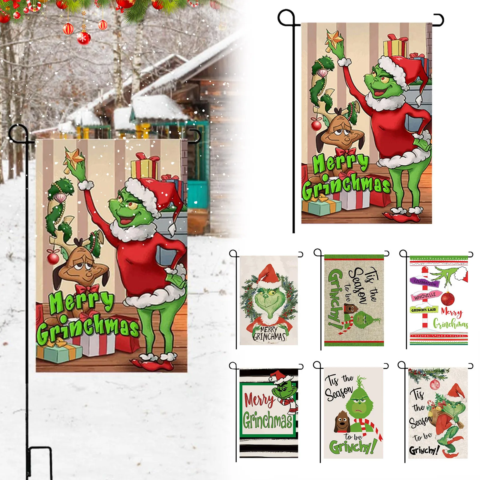 

Navidad Grinch Christmas Double-sided Printing Linen Garden Flag Ins Style Garden Holiday Decoration Flag adornos de navidad