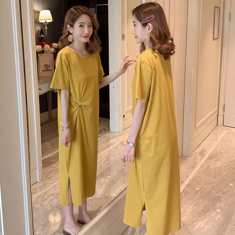 Женское платье макси с коротким рукавом свободное однотонное во французском