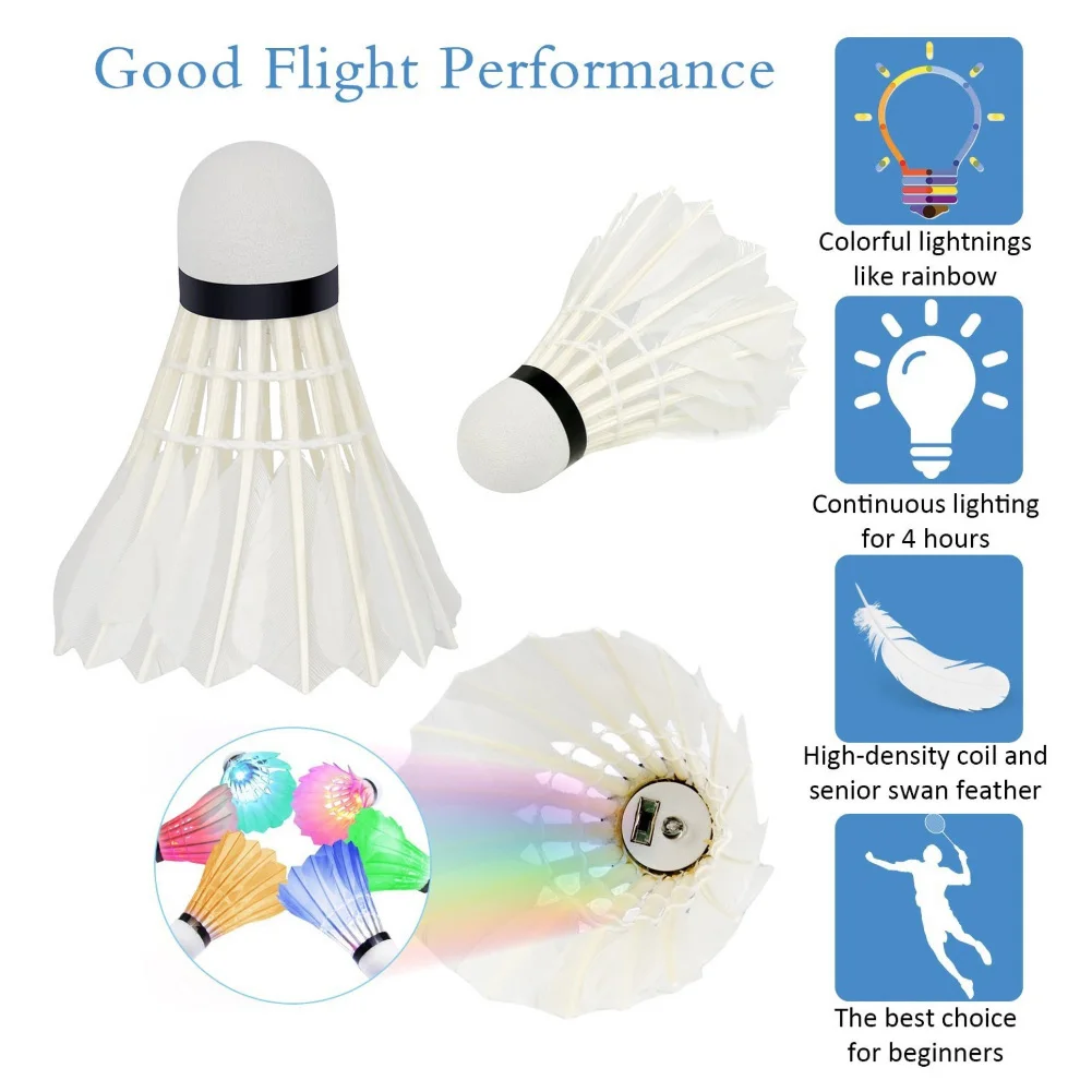 

7Pcs LED Glowing Light Up Badminton Set Shuttlecock Birdies Night Lighting Ball kids gift practicing match casual playing Tools