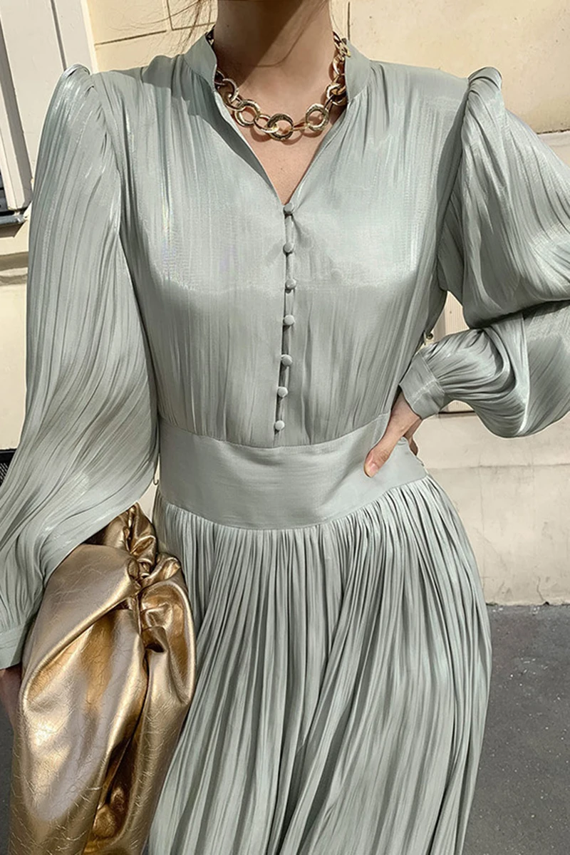 

ZCSMLL Korean Stand-up Collarpleated Dress Lace-up, High-waist, Lantern-sleeved Women Fashion Vestido 2021 Spring Summer