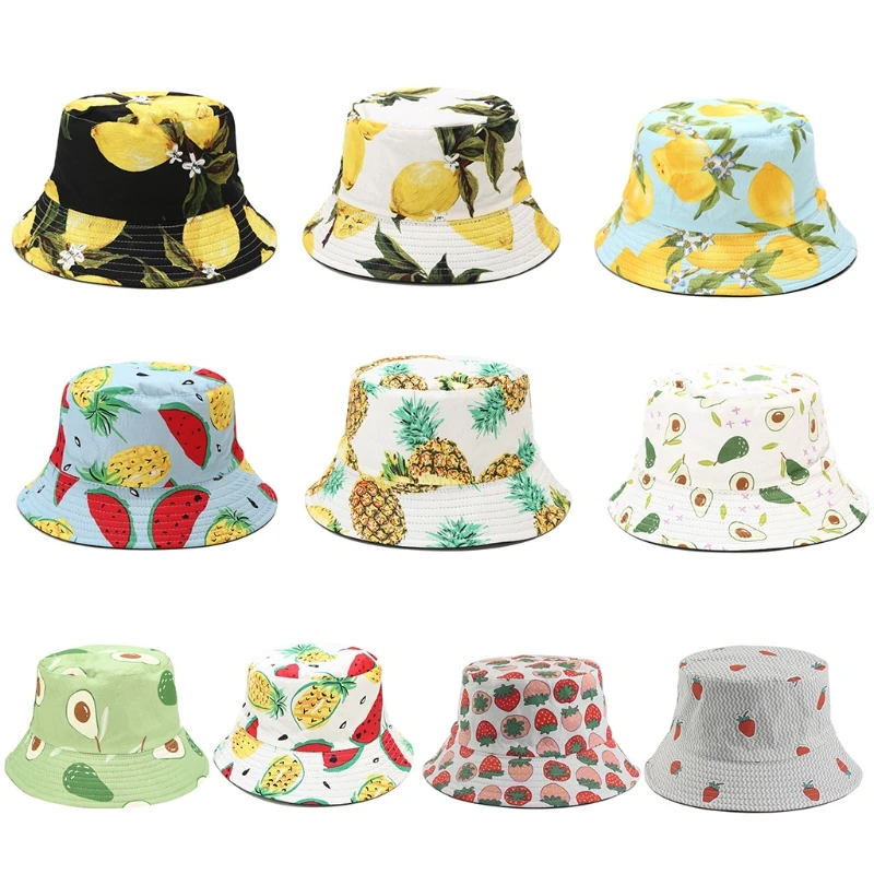 

Women Tropical Fruit Print Bucket Hat Sunscreen Reversible Panama Fisherman Cap X7XC