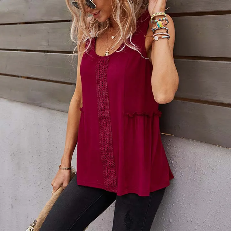 

Summer Women Solid Casual Blouse Tops Fashion Lace Stitching Sexy Sleeveless Shirt Loose Round Neck Beach Holiday Blouse