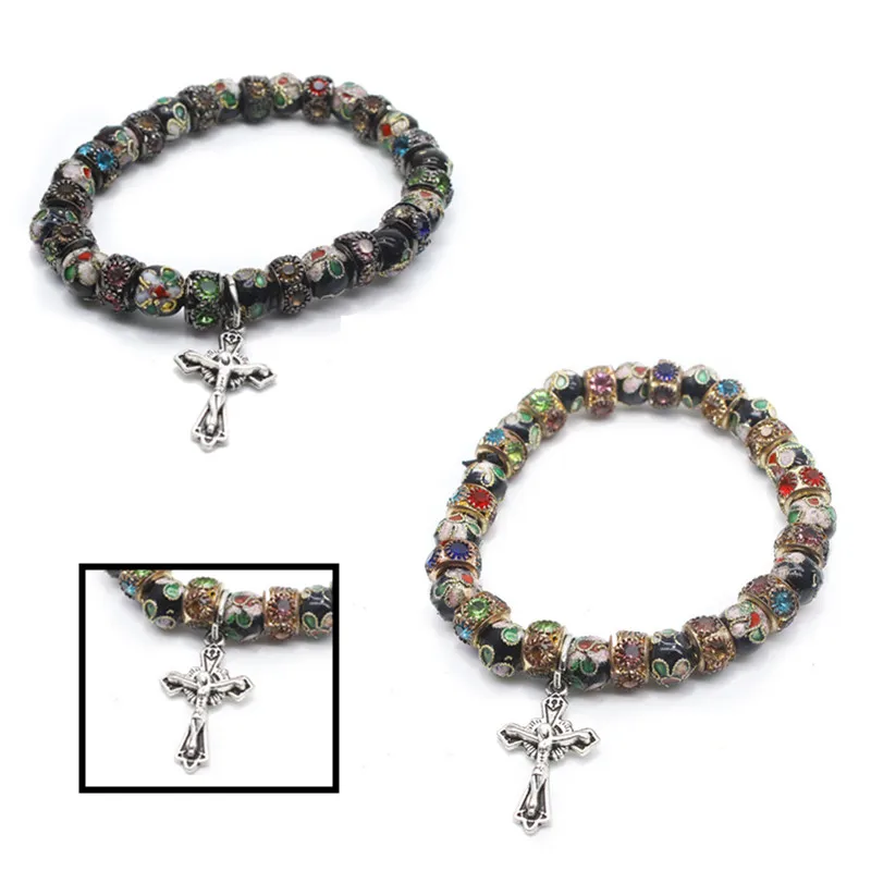 

New 2 Styles Bracelet with Flash Diamond Jewelry Handmade Cloisonne Cross Pendant Bracelet with Elastic Stringstring Jewelry