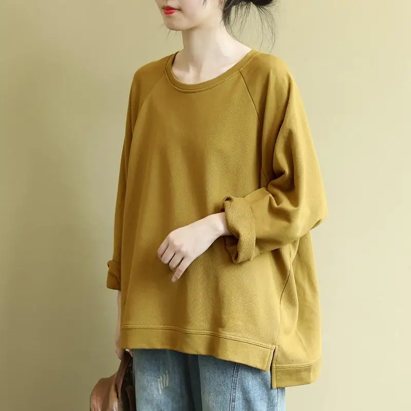 

Спортивная одежда Женская с длинным рукавом, свободный однотонный топ в литературном стиле, повседневный топ с круглым вырезом, большие раз...