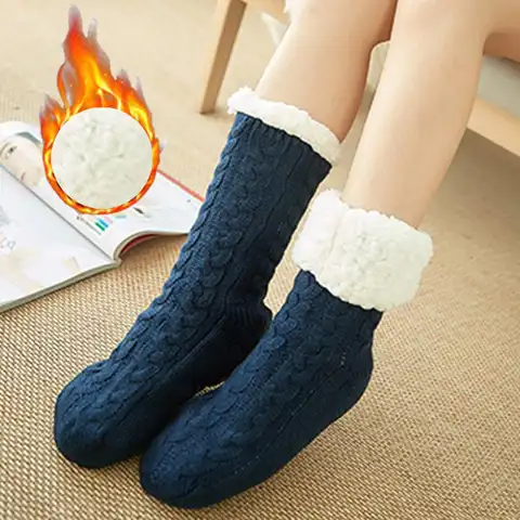 Женские зимние носки, утолщенные теплые женские домашние Нескользящие туфли для спальни, рождественский подарок, вязаные носки для сна в ко...