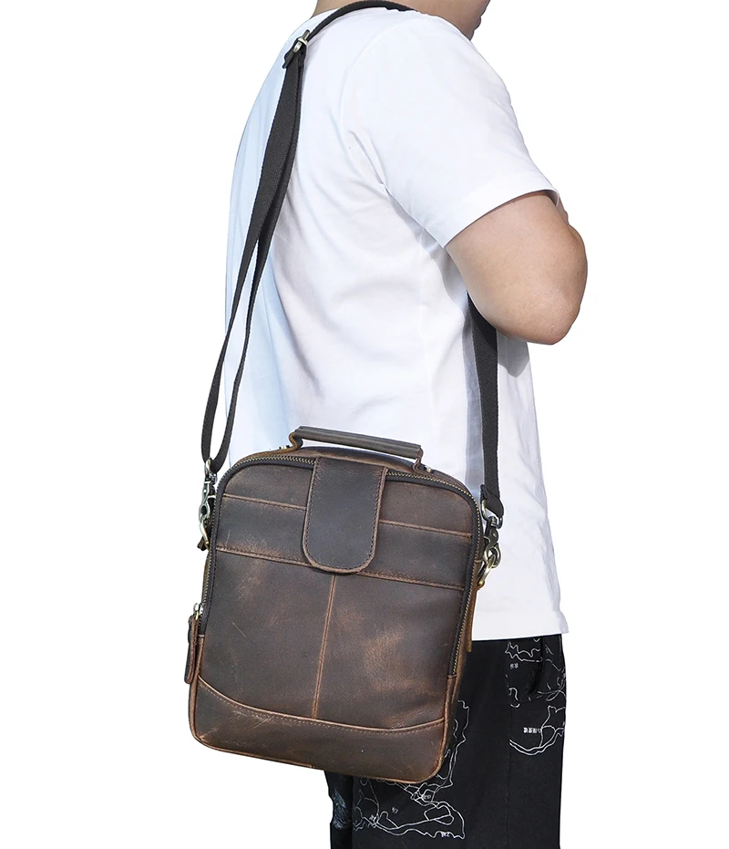 Crazy Horse Leather Male Antique Casual Design School Messenger Crossbody bag College Tote Satchel Tablet Book bag For Men 111-2