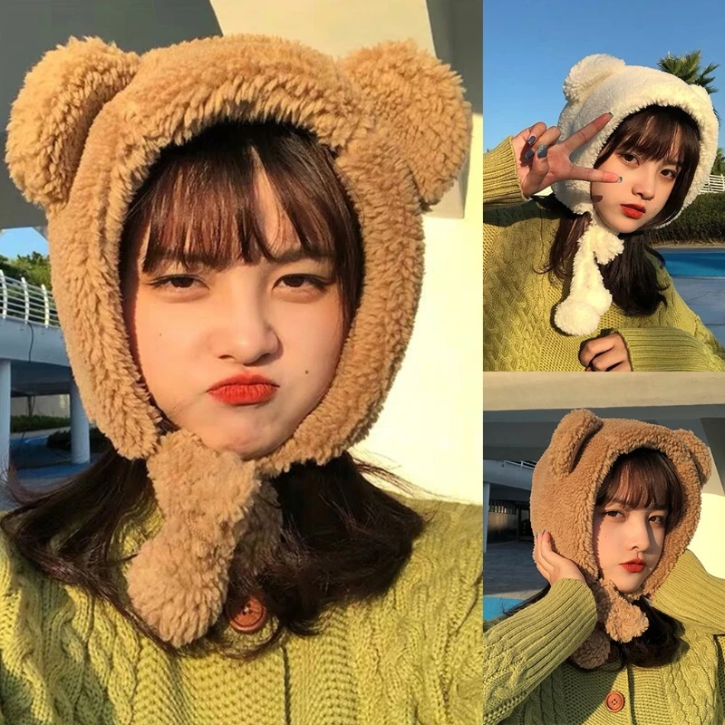 

Women Winter Thicken Plush Warm Earflap Hat Cute Bear Ears Windproof Beanie Cap with Pompom Chin Strap Ear Warmer