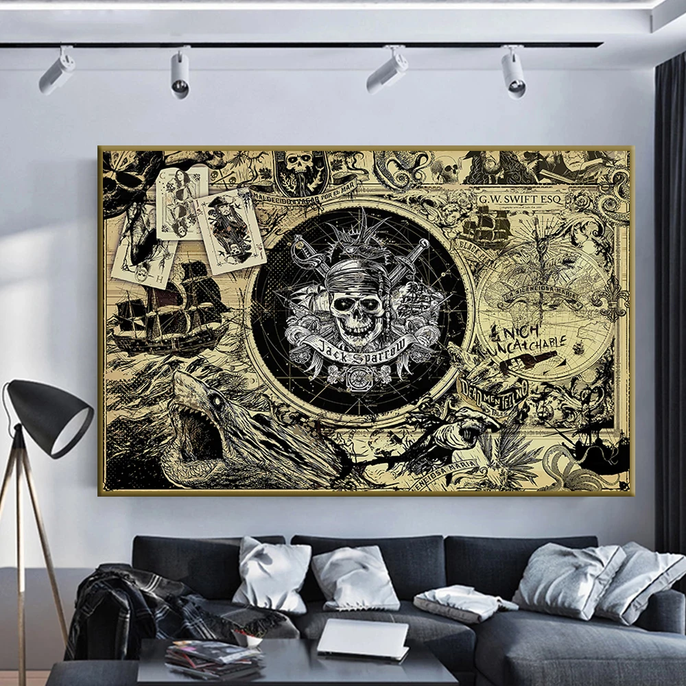 

Pirates of the Caribbean Canvas Painting Mao Kun Treasure Map Movie Poster Wall Art Print Modern Home Living Room Decoration Mur