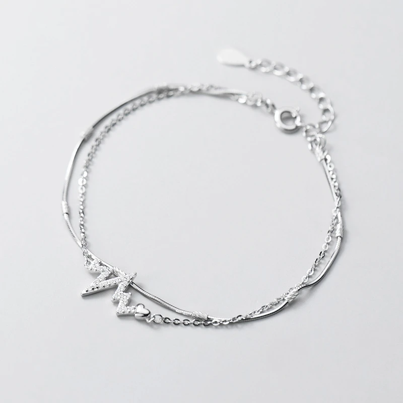 

100% 925 Sterling Silver Double-Layer Chain Zirconia ECG Wave Pattern Bracelet Jewelry For Women Daughter Party Gift