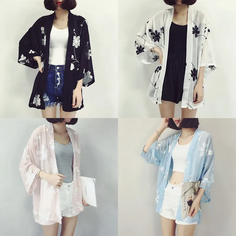 

Korean Fashion Flower Embroidery Cardigan Loose Bat Sleeve Mid-Long Sunscreen Cardigan Chiffon New