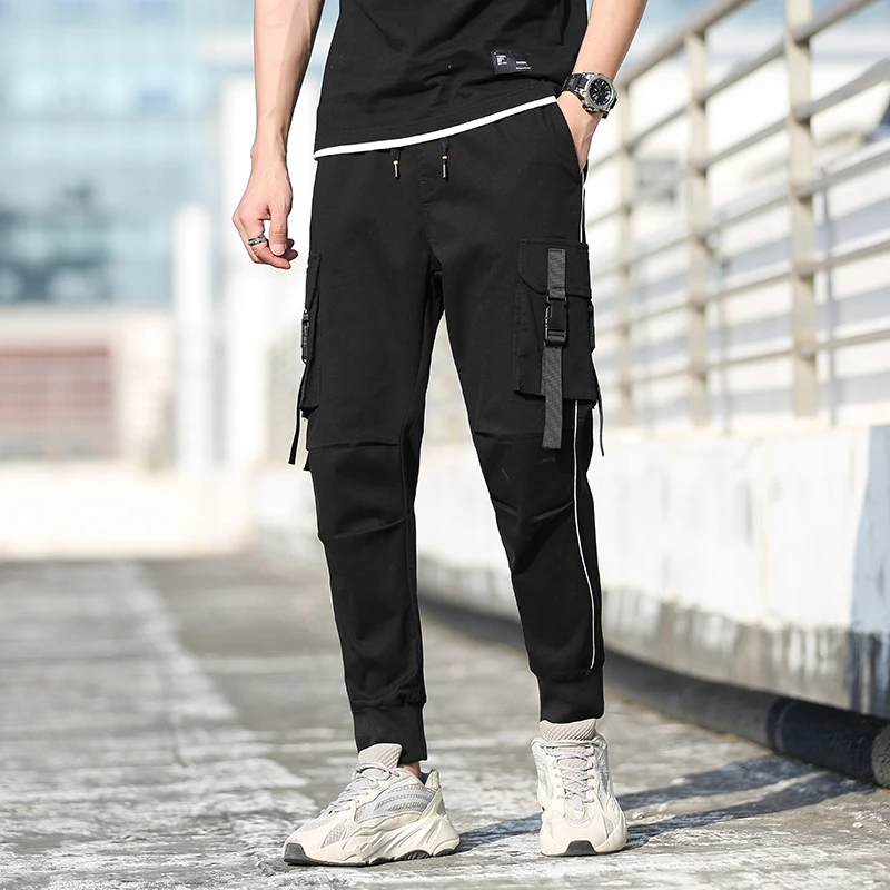 

Side Pocket Ribbons Cargo Harem Pants Mens Casual Jogger Streetwear Hip Hop Sweatpants 2021 New Black Trousers Male