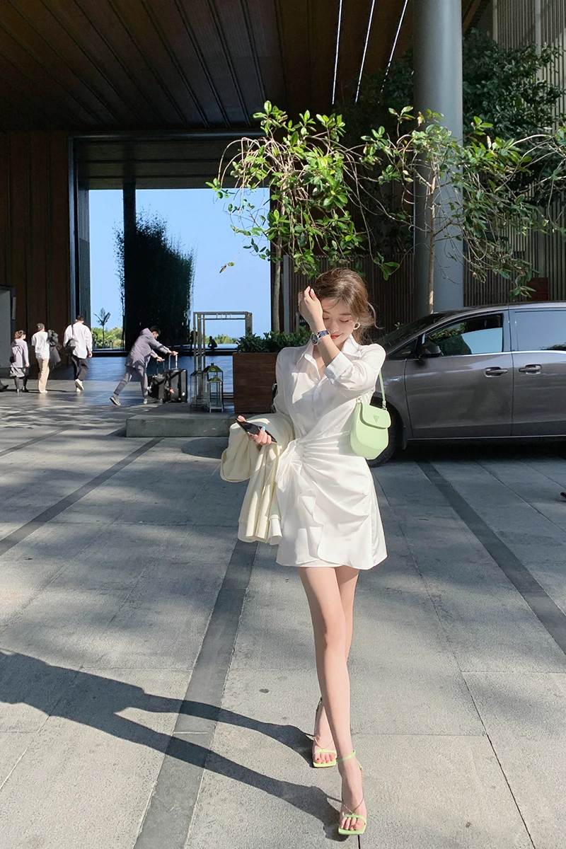 

Byyou spring temperament white satin pleated waist slim irregular dress two piece dress with suspender