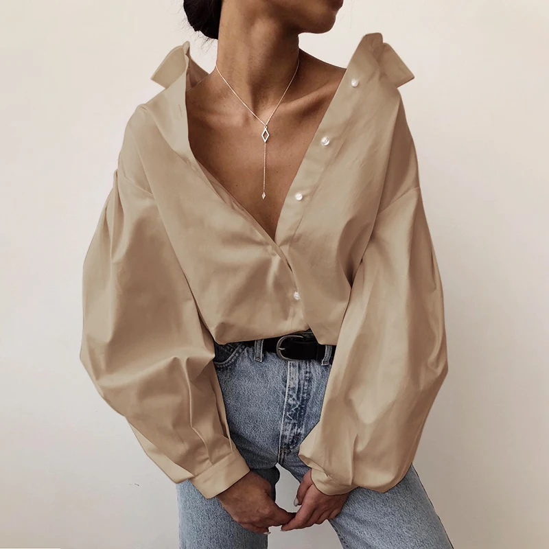 

Bornsra Lantern Sleeve Elegant Shirt Blouse White Black Sexy Button Vintage Turn Down Collar Office Ladies Shirt Female Casual