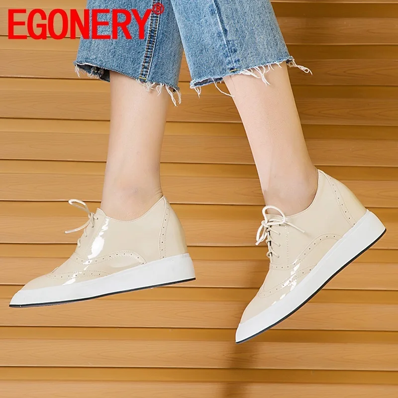 

EGONERY Spring New Concise Casual Women Pumps Outside High Heels cross-tied Pointed Toe Handmade Genuine Leather Women Shoes