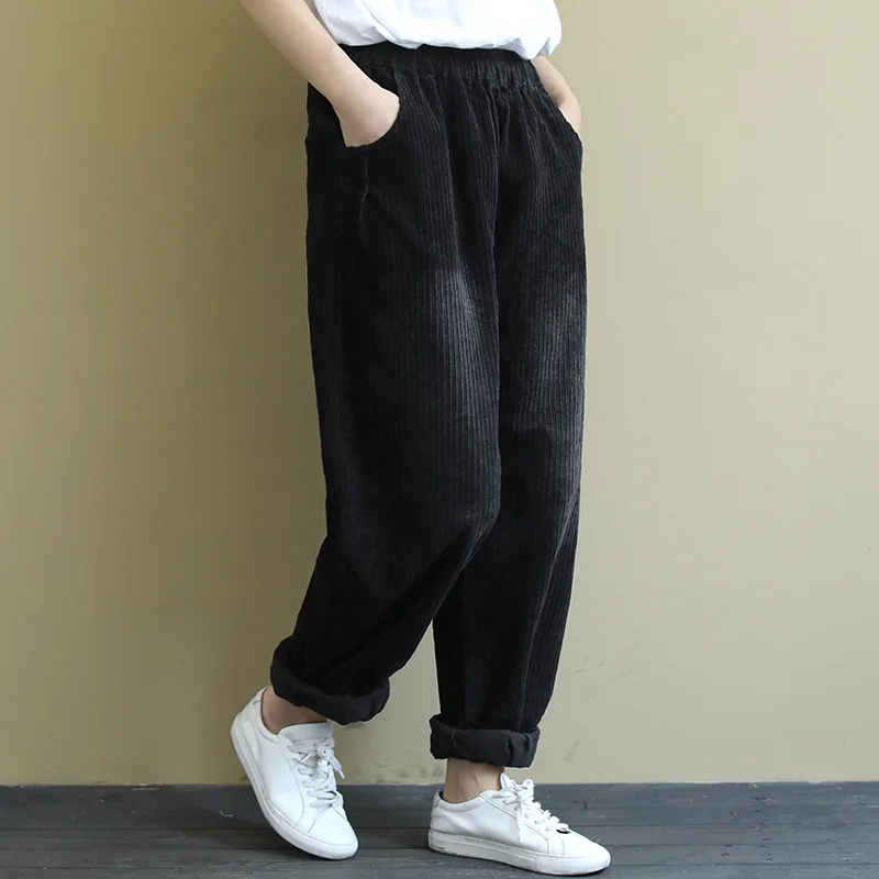 Autumn Winter Pants Women Retro Loose Corduroy Trousers Werainyee 2019 New Ladies Elastic Waist Casual pocket All-match | Женская одежда