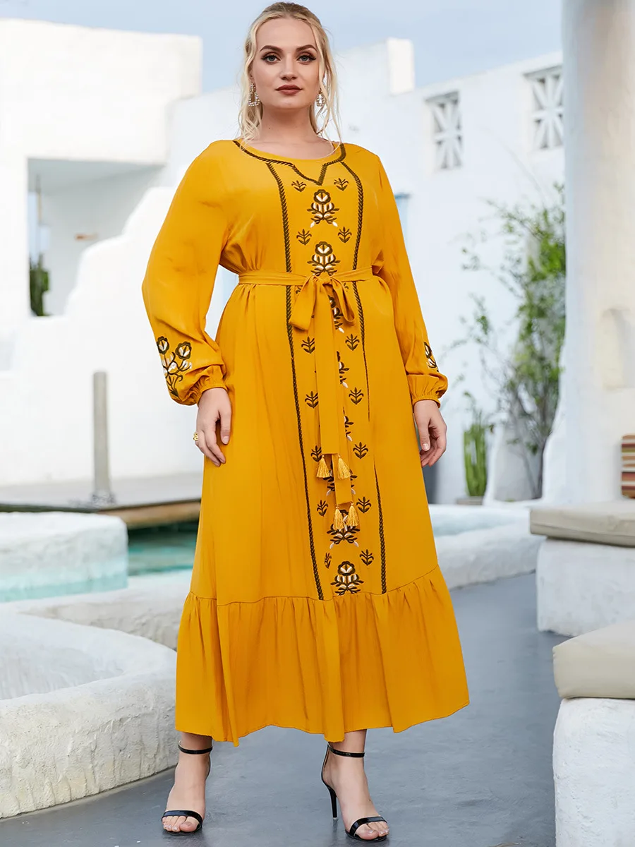 

Plus Size Muslim Dress Women Dubai Turkey Lace-up Robe Embroidery Kaftan Ethnic Long Sleeve Wild Dresses Abaya Islamic Clothing